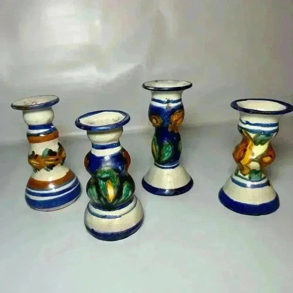 Hand-Painted E. Ortiz Mexican Pottery Candle Holders Mismatched Set Of 4 - Picture 2 of 12